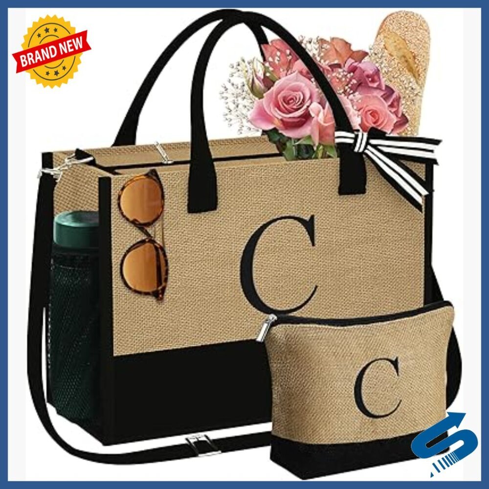 Large Jute Tote Bag with Personalized Embroidery, Adjustable Strap, Zipper